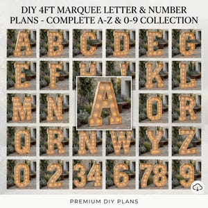 Peut inclure: Une collection de plans de lettres et chiffres lumineux DIY de 4 pieds, incluant l'ensemble complet de A à Z et de 0 à 9. Chaque caractère est fabriqué dans un matériau clair et éclairé par plusieurs ampoules rondes, présenté en grille.
