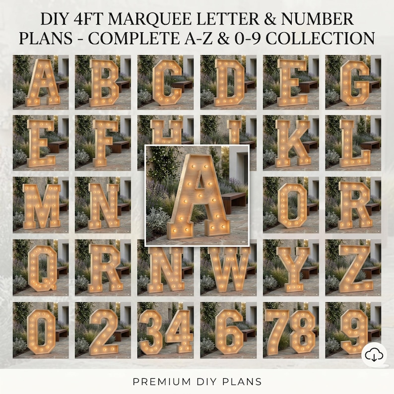 DIY 4ft A-Z Alphabet & 0-9 Numbers Marquee Blueprint | Giant Light Up Sign Bundle PDF | Wooden Decor Plan
