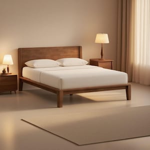 May include: A wooden bed frame with a headboard, two pillows, and white bedding. Two matching wooden nightstands with lamps are on either side of the bed. A beige rug is on the floor.