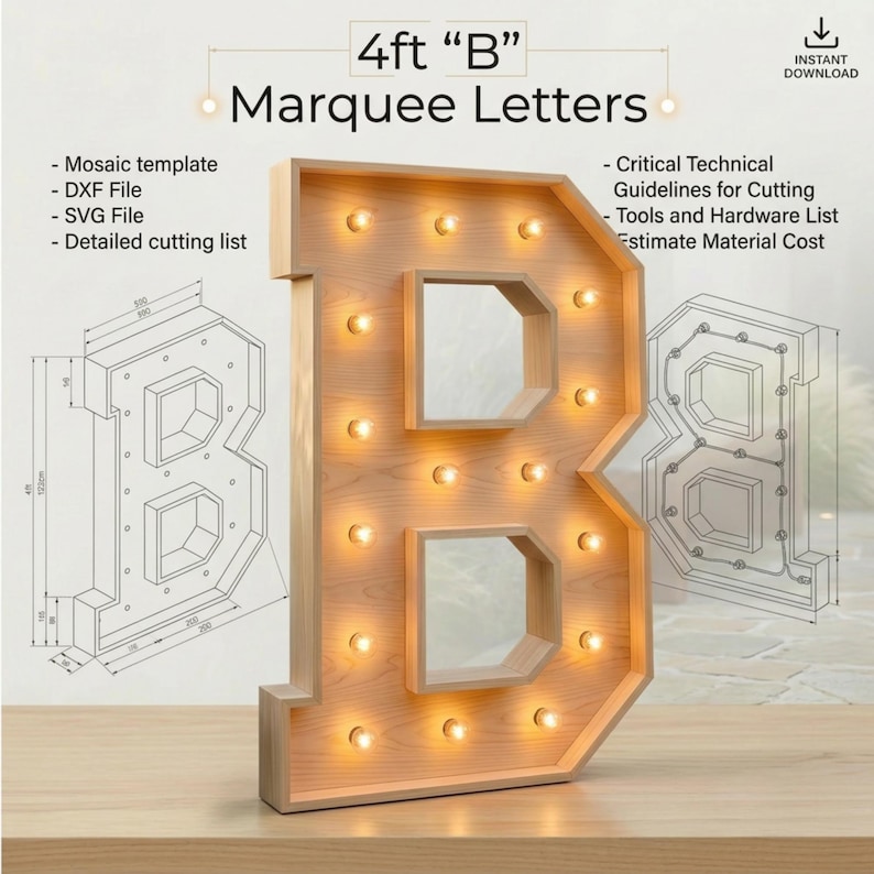 4ft Marquee Letter B Template PDF | Diy Giant Light Up Letter Svg, Dxf, Pdf Blueprint