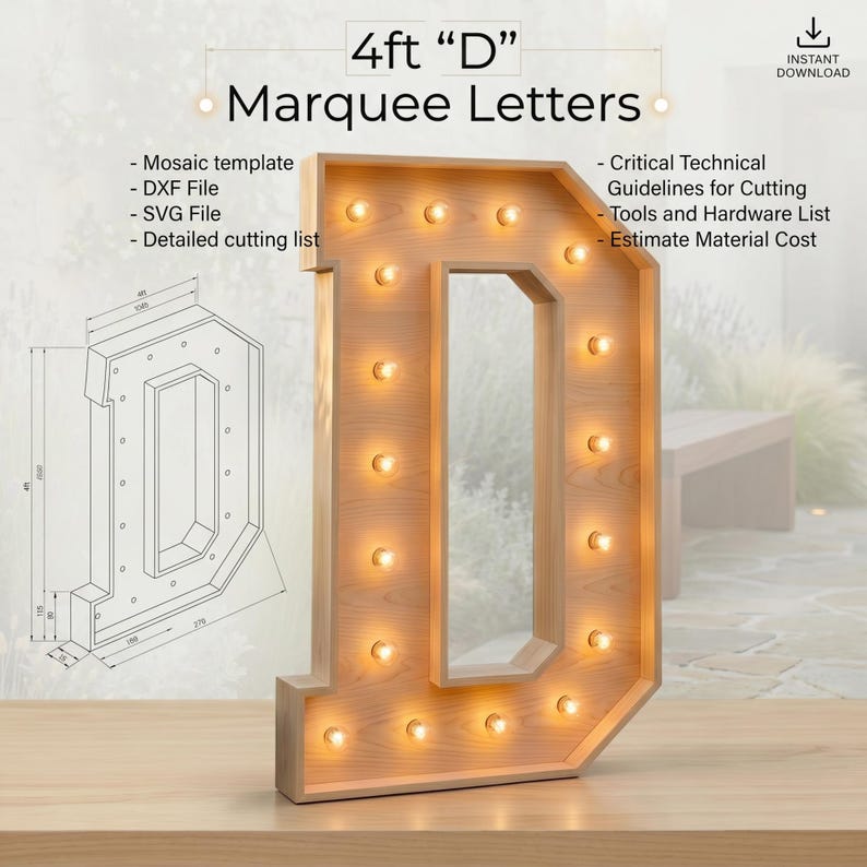 4ft Marquee Letter D Template PDF | Diy Giant Light Up Letter Svg, Dxf, Pdf Blueprint