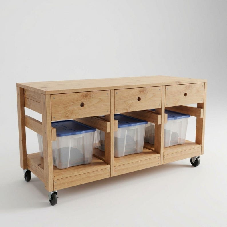 DIY Mobile Workbench with Tote Storage Plans PDF | Rolling Shop Cart & Organizer Blueprint | 3-Drawer Garage Utility Table | Woodworking