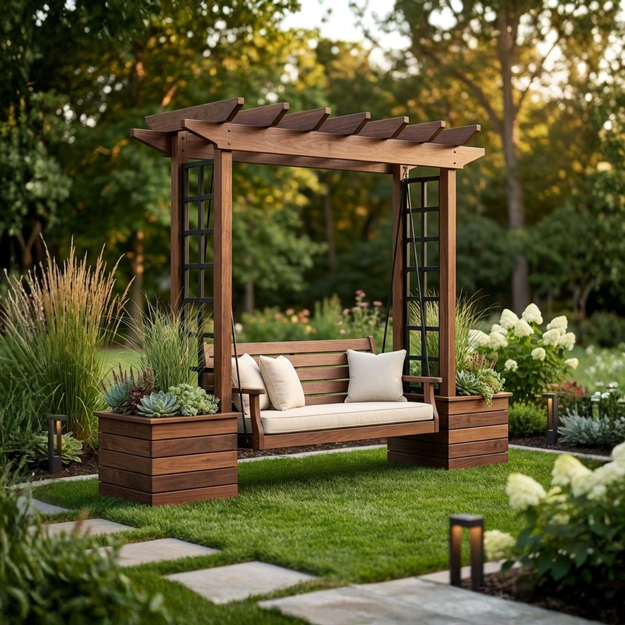 DIY Wooden Bench with Pergola and Planters | Outdoor Garden Seating & Trellis Woodworking Plan - Garden Cart - Cart for Business DIY Plans