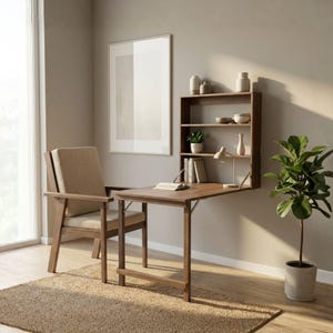 Könnte beinhalten: Eine moderne Home-Office-Einrichtung mit einem herunterklappbaren Schreibtisch aus Holz, einem passenden Stuhl mit beigem Kissen und einem an der Wand befestigten Regal. Der Raum ist mit einem gerahmten Kunstwerk, einer Topfpflanze und dekorativen Gegenständen eingerichtet.