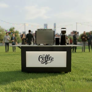 May include: A mobile coffee cart, black and white, with a stainless steel espresso machine, grinder, and accessories. The cart features the word "Coffee" in a decorative script. It is set up on grass, with people and buildings in the background.