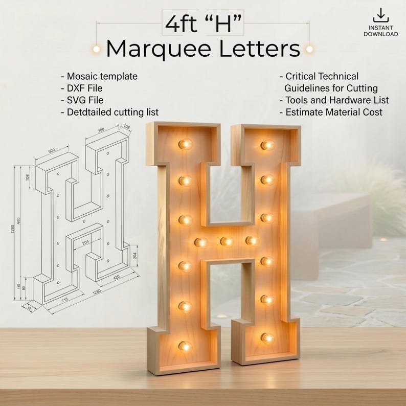 4ft Marquee Letter "H" Template PDF | Diy Giant Light Up Letter Svg, Dxf, Pdf Blueprint