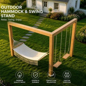 May include: An outdoor wooden hammock and swing stand featuring a light-colored fabric hammock with fringe and two wooden swings suspended by ropes. The structure is made of natural timber beams and includes text reading OUTDOOR HAMMOCK & SWING STAND.