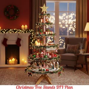 May include: A tiered Christmas tree stand with multiple levels, decorated with miniature gifts, ornaments, and lights. The stand features a star topper and a miniature village at the base. The text "Christmas Tree Stands DIY Plan" is at the bottom.