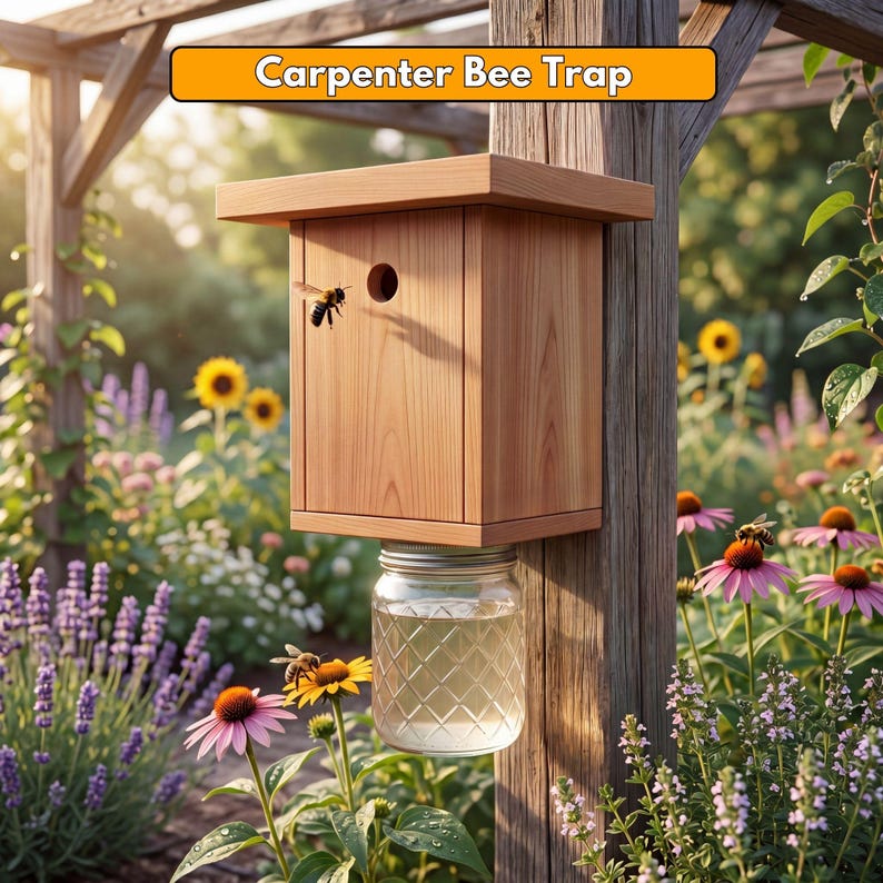 DIY Carpenter Bee Trap Plans PDF | Flat Roof Wood Bee | Mason Jar Insect Trap | Wooden Bumble Bee Trap for Outside