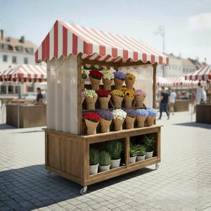 Könnte beinhalten: Ein Blumenstand aus Holz mit einem rot-weiß gestreiften Vordach. Der Stand zeigt verschiedene Blumensträuße in Papierkegeln und Topfpflanzen. Der Stand ist auf Rädern und befindet sich auf einem Stadtplatz.