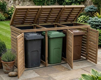 DIY Triple Wheelie Bin Storage Plans PDF | Wooden Trash Can Enclosure Blueprint | 3-Bay Garbage Shed | Outdoor Bin Hideaway Woodworking