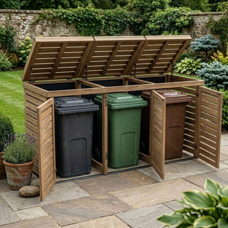 DIY Triple Wheelie Bin Storage Plans PDF | Wooden Trash Can Enclosure Blueprint | 3-Bay Garbage Shed | Outdoor Bin Hideaway Woodworking