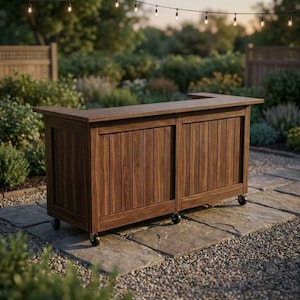 May include: A dark brown wooden outdoor bar with a countertop and vertical paneling. The bar is on wheels and has a rectangular shape with an L-shaped countertop. The bar is set on a stone patio.