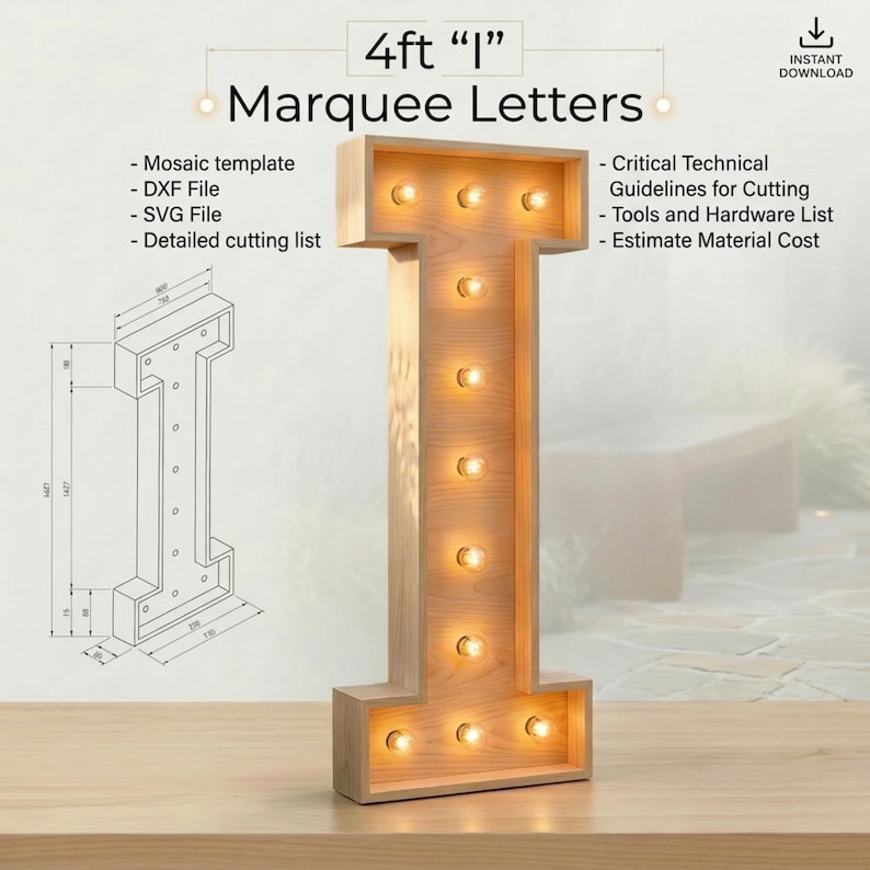 4ft Marquee Letter "I" Template PDF | Diy Giant Light Up Letter Svg, Dxf, Pdf Blueprint