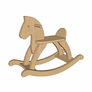 May include: A wooden rocking horse with a light brown finish. The horse has a classic design with a curved base, a seat, and a head with a handle. The toy is designed for young children.