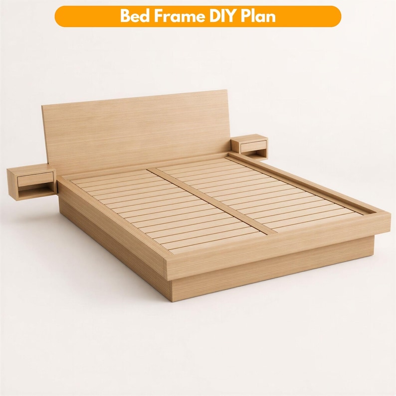DIY Bed Frame Build Plan PDF | Modern Wooden Platform Bed with Nightstands | Queen & King Custom Bed Plans