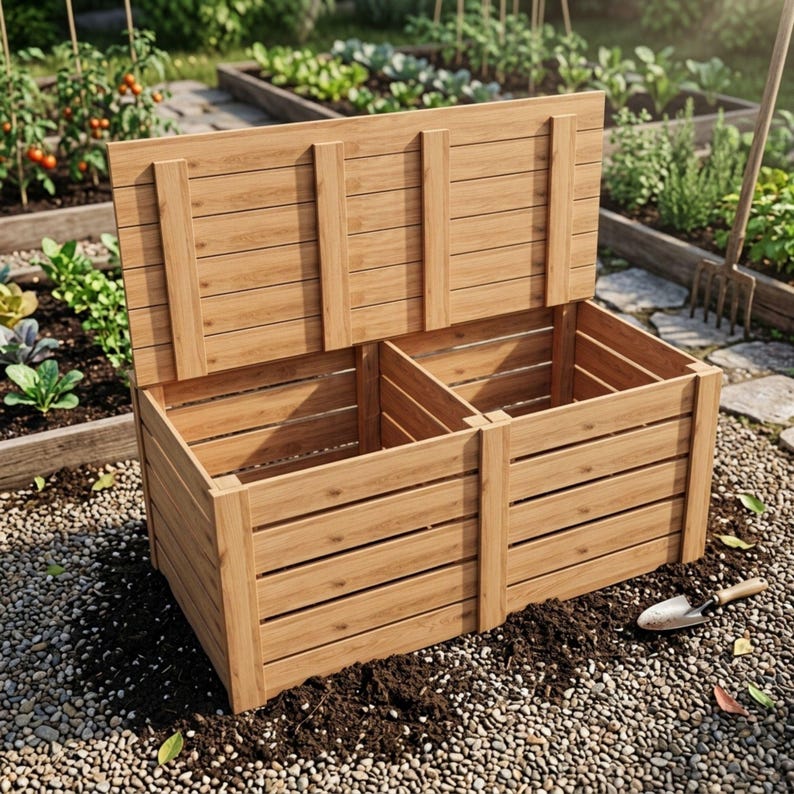 DIY Compost Bin Plans PDF | Dual Chamber Wooden Composter Blueprint | 2-Bay Garden Compost Box | Yard Waste Bin Woodworking Project