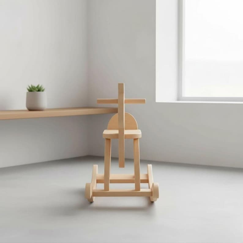 May include: A wooden toy rocking horse on wheels, featuring a natural wood finish. The toy has a cross-shaped head and a seat, with two wheels on each side. The design is minimalist and modern, suitable for children.