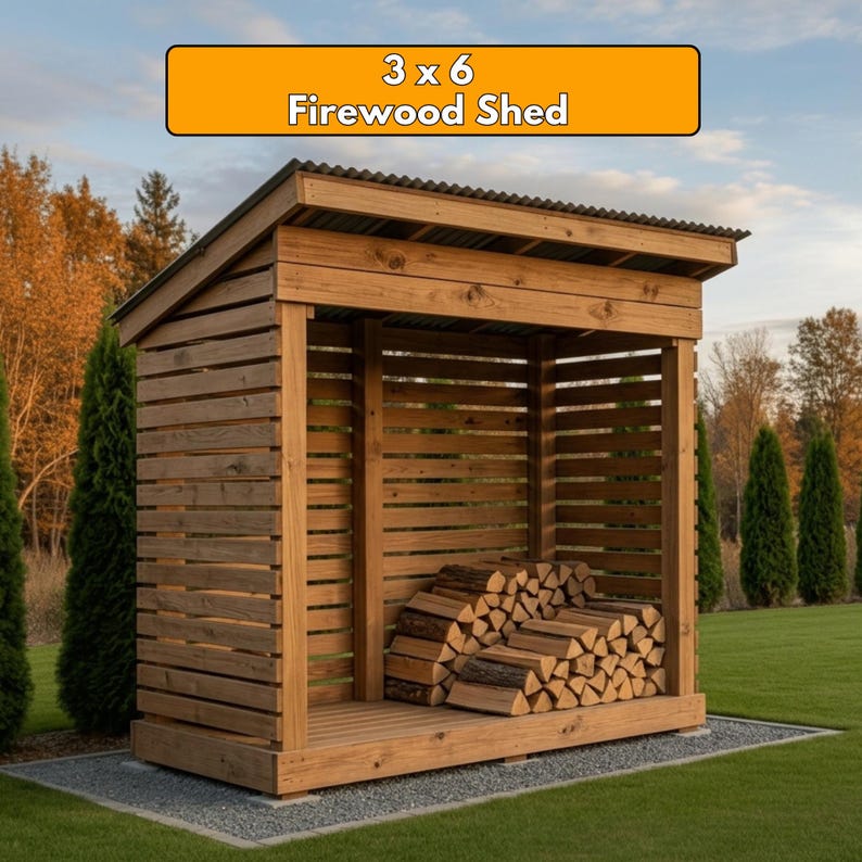 3x6 Firewood Shed DIY Plans PDF | Small Wood Storage Rack Blueprint |  Dry Wood Shelter