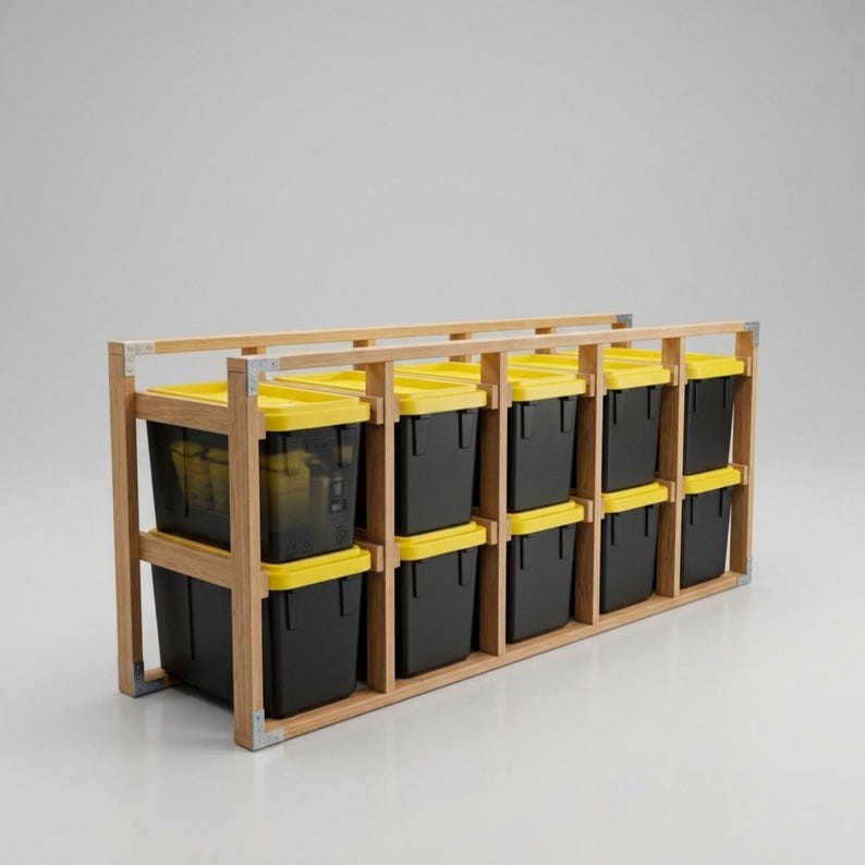 DIY 27 Gallon Tote Storage Rack Plans PDF | Heavy Duty Garage Organizer for 10 Bins | Tote Storage Rack Blueprint | Woodworking Project