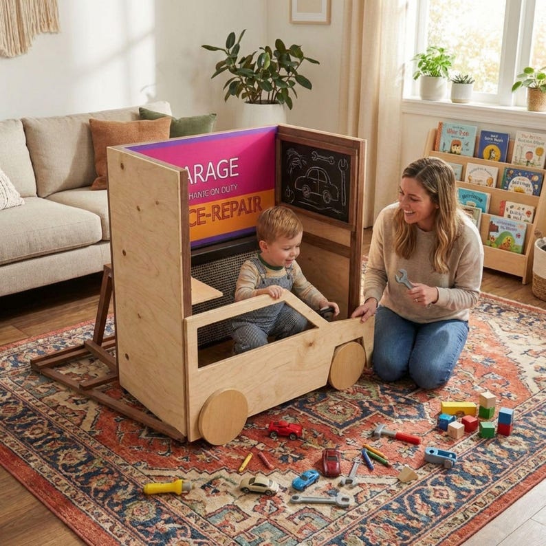 DIY Kids Garage Playset Plan | Mechanic Pretend Play Station PDF | Wooden Toy Car Stand | Playroom Role Play Build