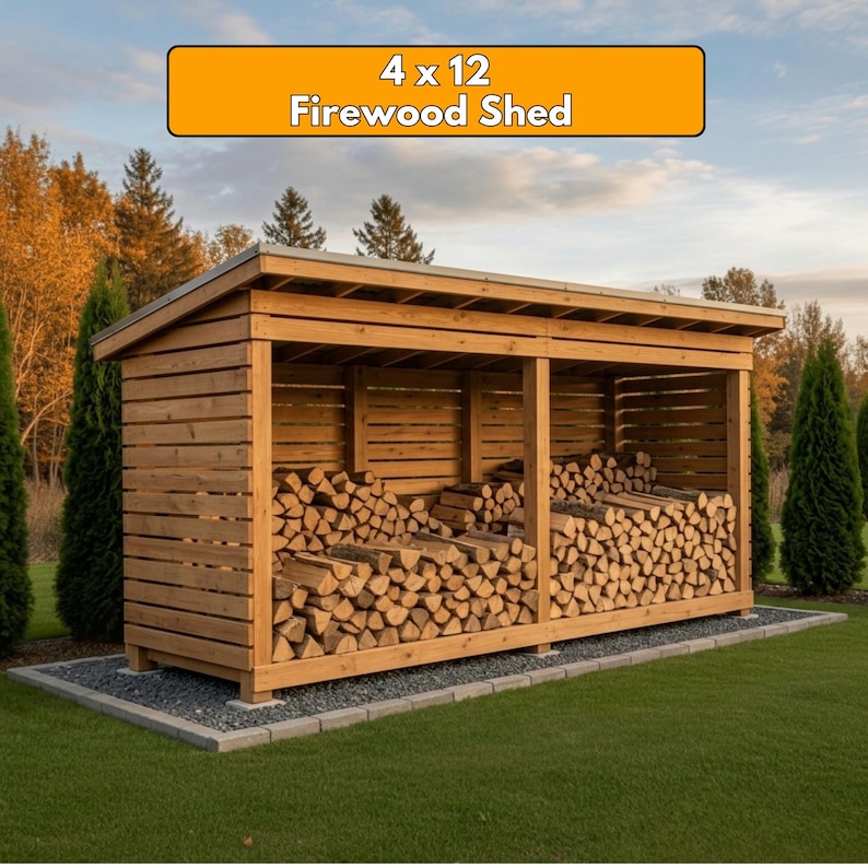 4x12 Firewood Shed DIY Plans PDF | 2 Cord Wood Storage Rack Blueprint | Large Dry Wood Shelter