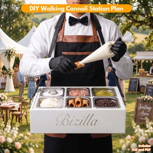 May include: A white wooden portable cannoli station with six stainless steel containers holding toppings and cream, featuring the text Bizilla on the front. The station is worn with black straps and includes a piping bag for filling cannoli shells.