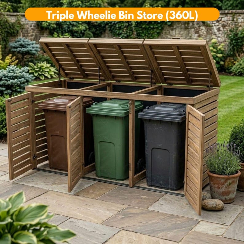 DIY 3 Wheelie Bin Storage Plans PDF | 360L Trash Enclosure PDF | Outdoor Garbage Can Storage | Wooden Trash Can Shed | Bin Hide Blueprint