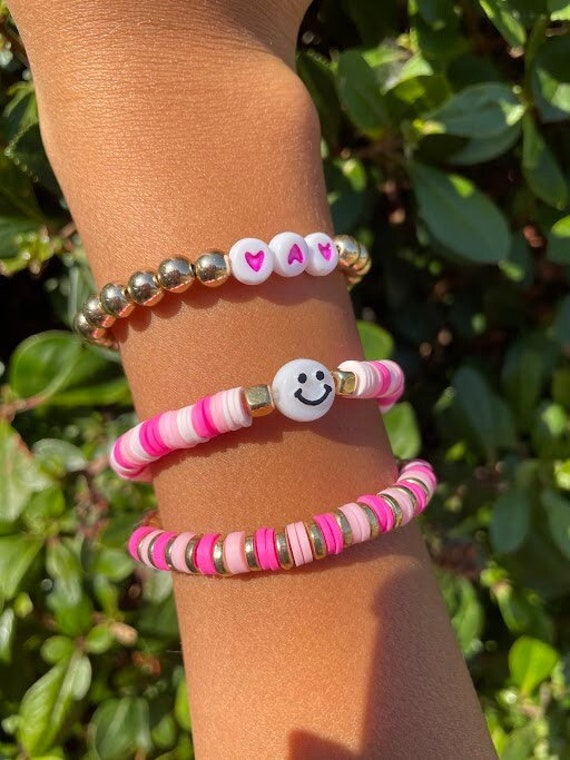 Aesthetic Pink Clay Bead Bracelet Set - 1 Set - 3 Pcs