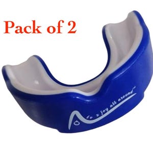 May include: A pack of two blue mouthguards with white interior lining. The mouthguard has the text "A to Z joy all around" printed on the side.