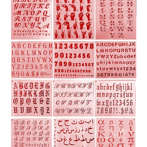 Educational Stencil Templates. Alphabet Letter Numbers Symbols & Signs. 12 Reusable Mylar. Teachers Artists Scrapbookers Craft DIY Projects