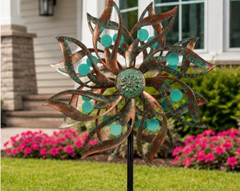 Vintage Copper Garden Windmill Spinner, Metal Kinetic Yard Art, Weatherproof Patio Decoration