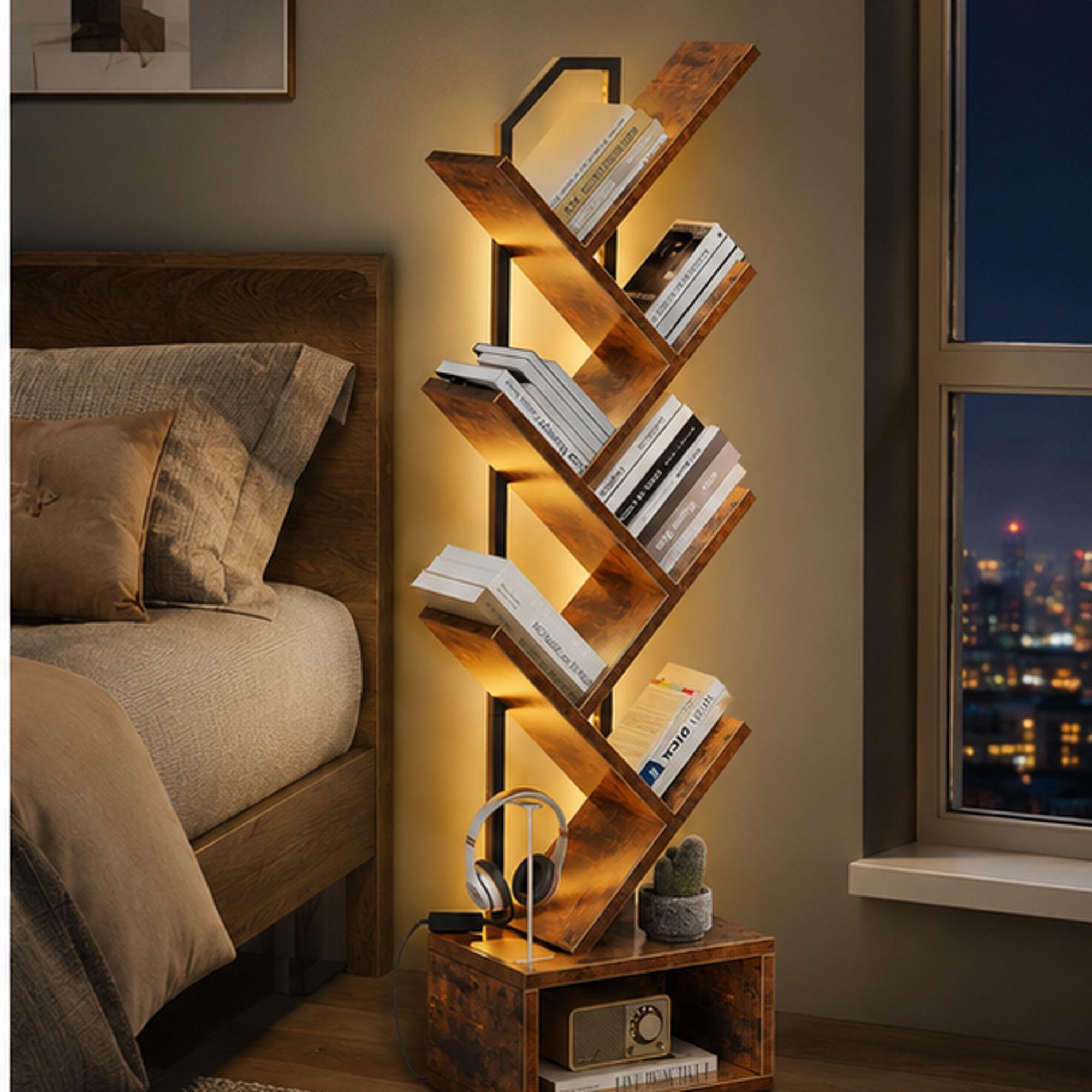 RGB LED Tree Bookshelf, Narrow Wood Metal Bookcase, Modern Corner ...