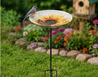 Sunflower Glass Bird Bath with Butterfly, Decorative Garden Stake Feeder Bowl