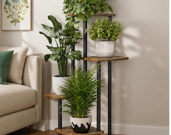 5 Tier Metal Wood Plant Stand, Modern Corner Shelf for Living Room Home Decor