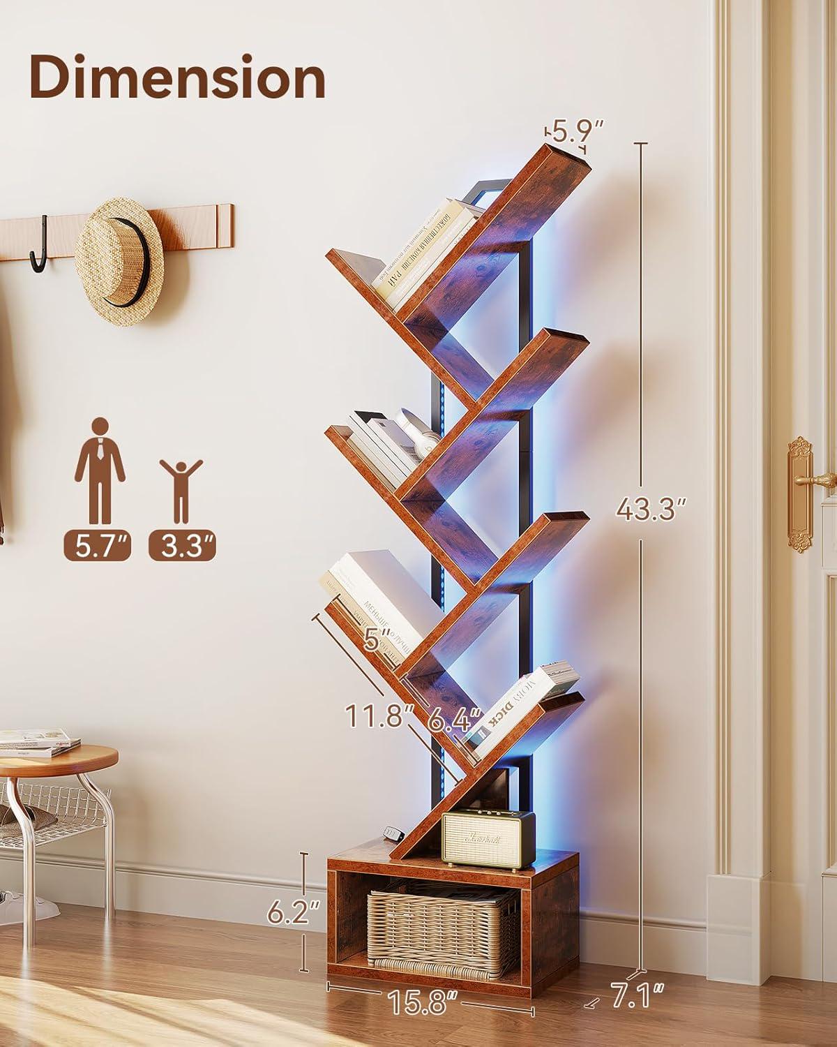 RGB LED Tree Bookshelf, Narrow Wood Metal Bookcase, Modern Corner ...