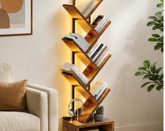 RGB LED Tree Bookshelf, Narrow Wood Metal Bookcase, Modern Corner Storage Shelf