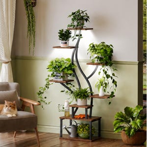 May include: A multi-tiered plant stand with a black metal frame and wooden shelves. The stand is filled with various potted green plants. A cat is sitting on a chair in the foreground.