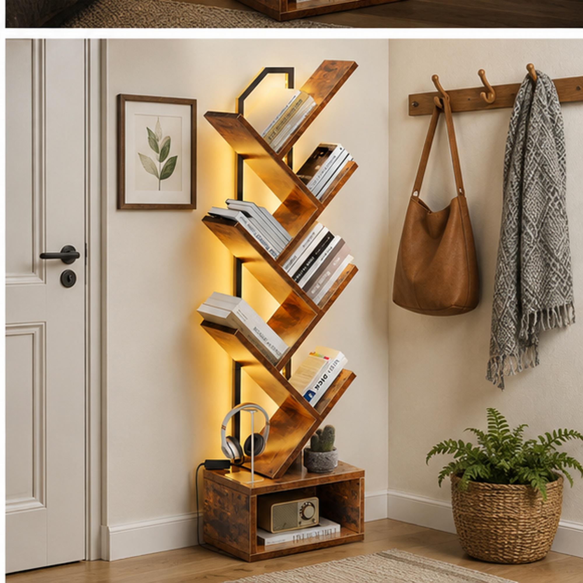 RGB LED Tree Bookshelf, Narrow Wood Metal Bookcase, Modern Corner ...