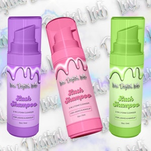 May include: Three bottles of lash shampoo with a pink, purple, and green label. Each bottle has a pump dispenser and the text "Lash Shampoo 2-in-1 Foam Cleanser for Lashes & Makeup" on the label.