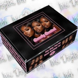Może przedstawiać: Czarne pudełko z różowo-białym wzorem. Pudełko zawiera napis "Candy Coated" i "The Slay You've Been Waiting For". Pudełko jest w 100% edytowalne w Canva, a natychmiastowy dostęp jest możliwy po zakupie.