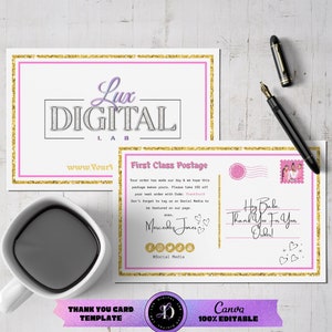 Modelo editável de cartão postal rosa e dourado de agradecimento