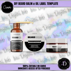 May include: Two product labels for beard oil and beard balm. Both labels are white with black text and feature a vanilla scent. The beard oil label is on a clear glass bottle with a black cap. The beard balm label is on a white jar with a brown lid. Both labels have the text "Luxdigitallab" and "Vanilla Scented".