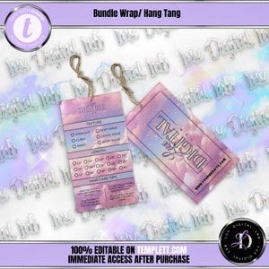 May include: Two pink and purple bundle wrap hang tags with the text "Lux Digital" and product information. The tags include options for hair texture and length, along with hair care tips. The tags are tied with twine.