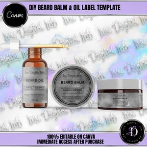May include: Two product labels for beard oil and beard balm. Both labels are white with black text and feature a marbleized background. The beard oil label says "Beard Oil" and "Vanilla Scented". The beard balm label says "Beard Balm" and "Vanilla Scented".