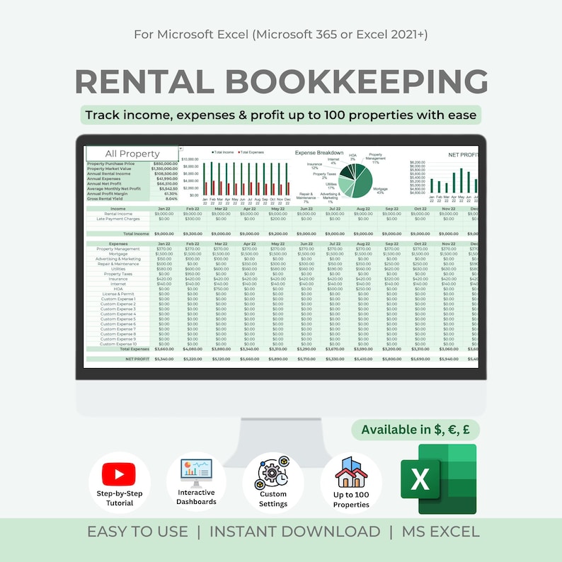 Printable Rental Bookkeeping Rental Property Bookkeeping Excel Spreadsheet | Multi-property Income ...
