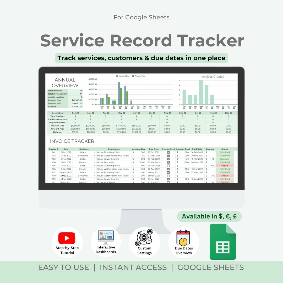 Service Record Tracker | Client Management Google Sheets (digital ...