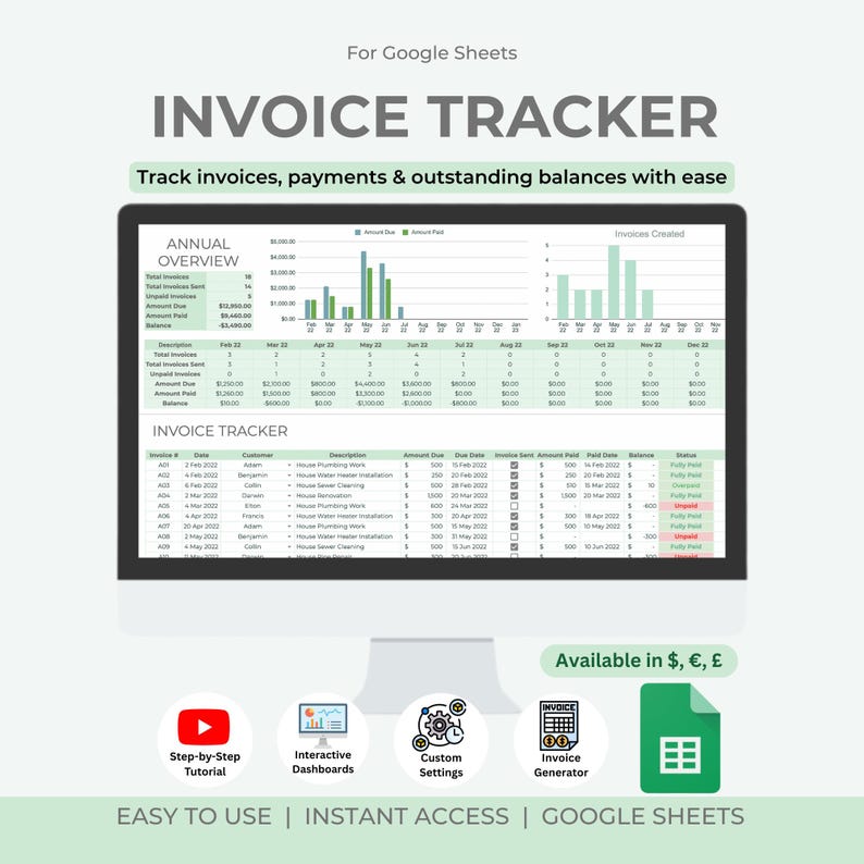 Invoice Tracker Spreadsheet | Google Sheets Template (digital Download ...