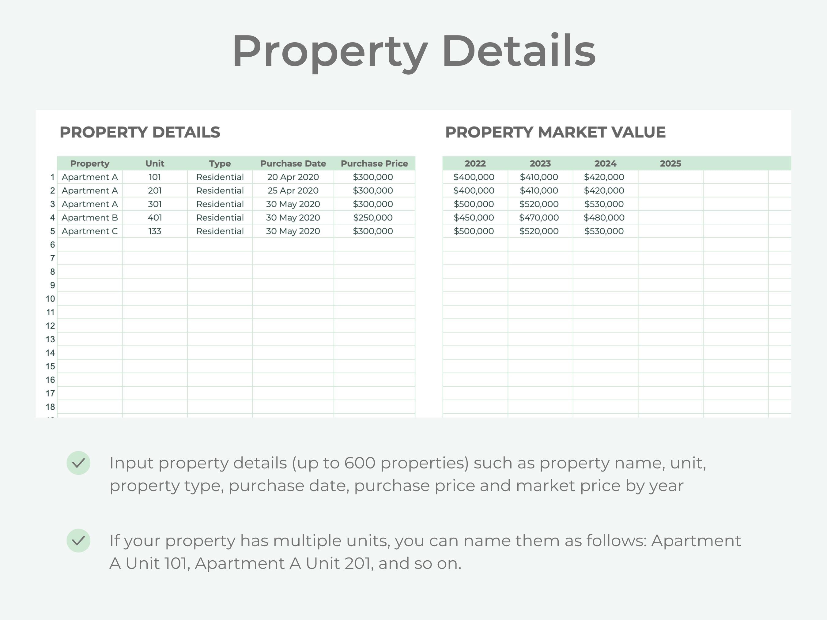 Printable Rental Bookkeeping Rental Multi-property Bookkeeping Spreadsheet | Multi-year Multi ...