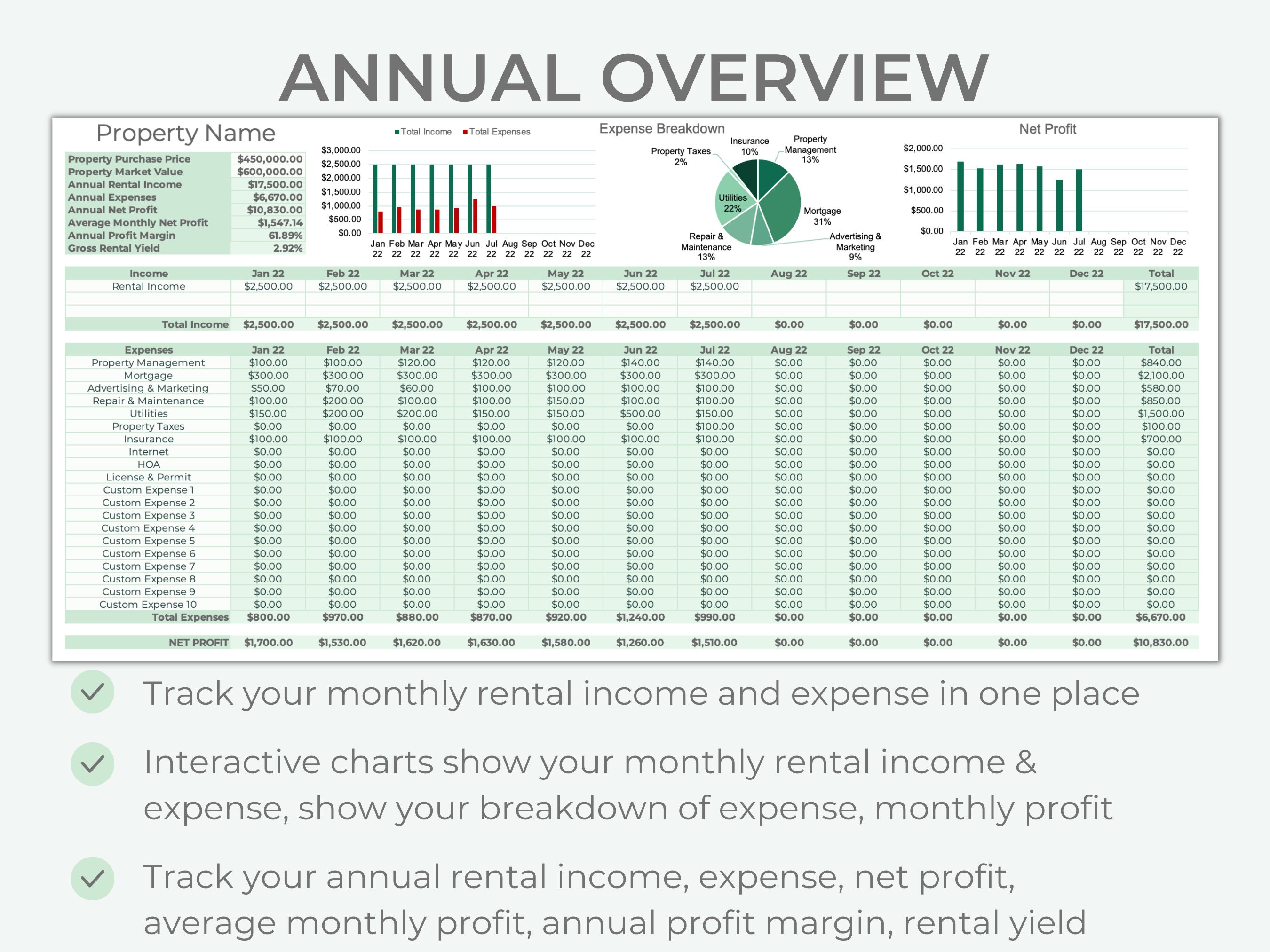 Rental Bookkeeping Spreadsheet Rental Income &amp; Expense Rental ...